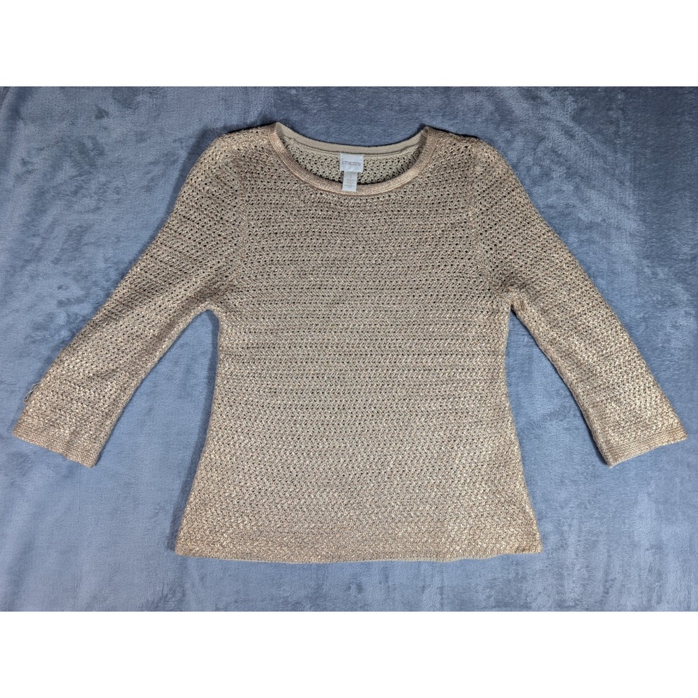 Chicos Metallic Gold Crochet Knit Sweater Top Size 1 Medium 3/4 Sleeve Shimmer